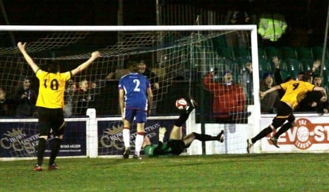 Tim Price's effort finds the net to put Leek Town in front against Chasetown. Pic: Dave Birt