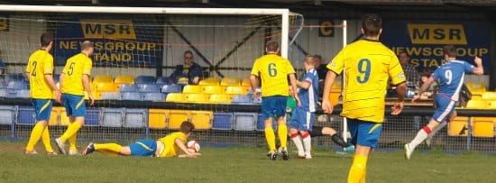 Nick Wellecomme makes it 2-0 to Chasetown. Pic: Dave Birt