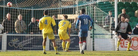 Lee Butler's strike finds the net. Pic: Dave Birt