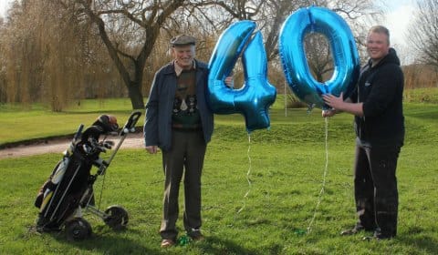 Ken Webb from the Friends of Lichfield Historic Parks and ranger Karl Sproston celebrating Beacon Park golf course's 40th birthday