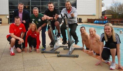 Matt Lancaster, Julian Fisher, Sue Wright, Kevin Wilson, Dan Toth, Andy Alden, Chris Brooks, Ian Dempsey and Gemma Howells celebrate the launch of the try-athlon world record attempt at Virgin Active