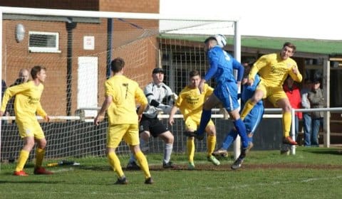 Jon Huckfield sees his header miss the target. Pic: Mick Tyler