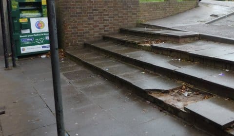 Damaged steps at the Ryecroft Shopping Centre