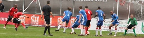 Steve Woolley fires towards goal. Pic: Dave Birt