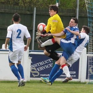 Danny Smith puts the Rainworth keeper under pressure. Pic: Dave Birt