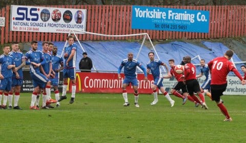 Joe Halsall bends a free-kick towards goal. Pic: Dave Birt