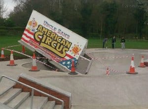 The advertising sign in the skatepark bowl. Pic: @PetarGreen