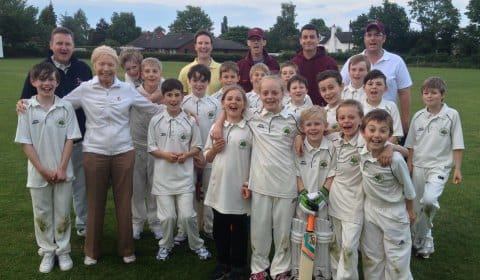 Members of Kings Bromley Cricket Club junior section with Jean Matthews Gough at the club’s ground