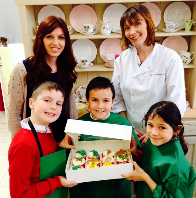 Young bakers Lewis Shenton, Josh Lopes and Rebekah Alvado with Hannah Clarke and Julie Crisp