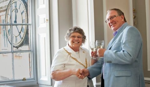 Cllr Norma Bacon, Mayor of Lichfield, officially opens the new office in Donegal House with the Chairman of Lichfield Festival Ltd, Tony Bateman