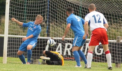 Tesfa Robinson's header finds the net. Pic: Dave Birt