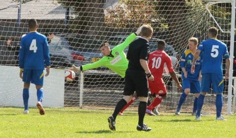 Nathan Waite's effort beats the Spalding keeper. Pic: Dave Birt
