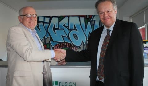 Peter Selwyn with Cllr Colin Greatorex at the official handover of the Jigsaw office