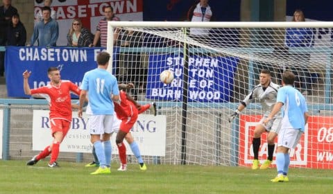 Jermaine Johnson backheels the ball home. Pic: Dave Birt