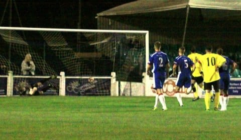 Matthew Lowe scores from the penalty spot for Newcastle. Pic: Dave Birt