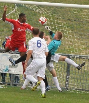 Nathan Waite nods home an equaliser for Chasetown. Pic: Dave Birt