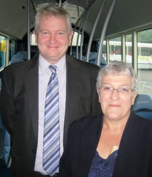 Rob Cheveaux and Cllr Sue Woodward on one of the new Sapphire buses