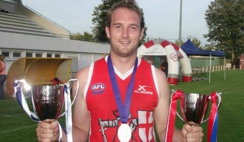 Ian Mitchell with the Euro Aussie Rules cup in 2013