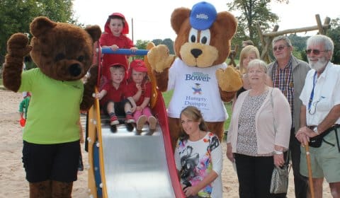 Lichfield Greenhill Bower Committee members join Bower Boswell Bear, Ranger Ted and three toddlers from Humpty Dumpty Day Nursery & Pre-school