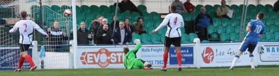 Richard Davies makes it 1-0 to Chasetown. Pic: Dave Birt