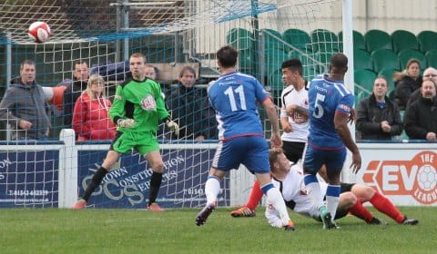 Leon Miles' strike heads for the net. Pic: Dave Birt