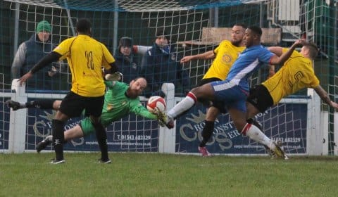 Nathan Waite reacts quickest to give Chasetown the lead. Pic: Dave Birt
