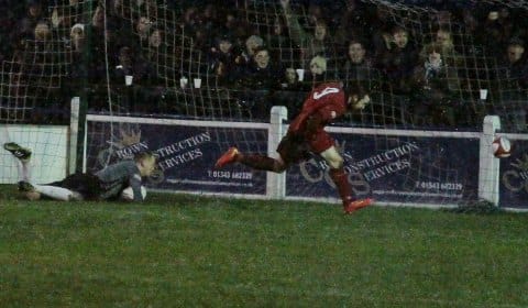 Daniel Cope sees his effort hit the net. Pic: Dave Birt