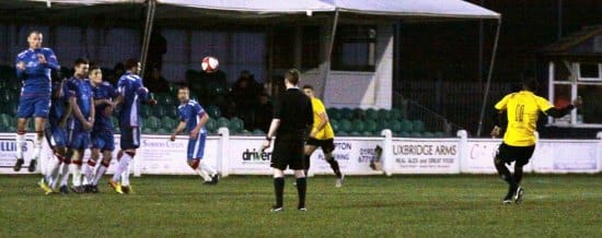 Justin Richards fires home the equaliser against Chasetown. Pic: Dave Birt