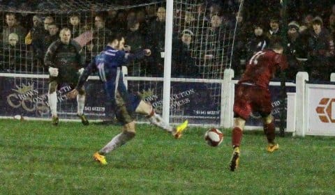 Ryan Edmunds makes it 2-0 to Stafford Rangers. Pic: Dave Birt