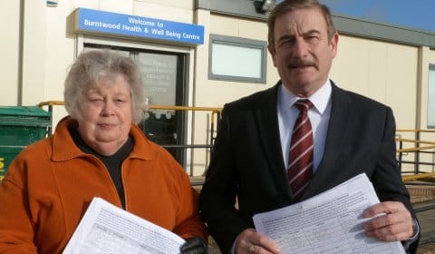 Cllr Di Evans and Cllr Don Isaacs with the petition outside the temporary health centre in Burntwood
