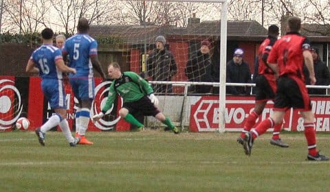 John Bateman can do nothing to stop Mickleover netting a later winner. Pic: Dave Birt