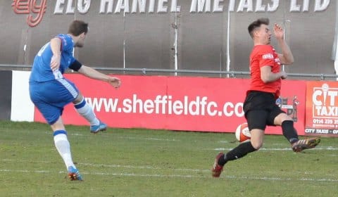 Paul Sullivan fires home his second. Pic: Dave Birt