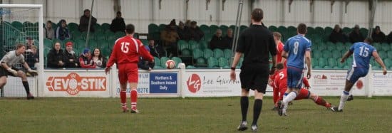 Nathan Waite makes it 3-0 to Chasetown. Pic: Dave Birt