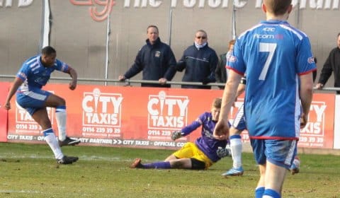 Nathan Waite makes it 4-1 to Chasetown. Pic: Dave Birt