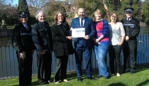 Inspector Rachel Joyce, Business Crime Manager Richard Lewis, Deputy PCC Sue Arnold, Townsafe Chair Paul Maddox, The Kitchen Shop’s Vicky Woolston, Stephanie Middleton-White from Apres and Chief Superintendent Jeff Moore