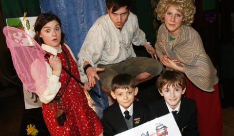 Sarah played by Joanne McGarva, Wolf played by Stephen McCombe and Mum played by Miriam Buckeridge with pupils Christian Carr and Zack Gambrell