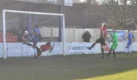 Paul Sullivan's effort finds the net. Pic: Pamela Mullins