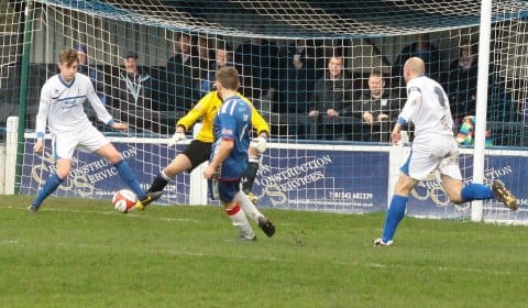 Danny Griffiths puts Chasetown in front. Pic: Dave Birt