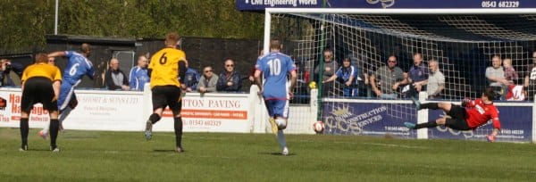 Simon Brown levels from the spot for Chasetown. Pic: Dave Birt