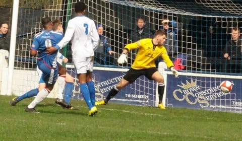 Nathan Waite makes it 2-0 to Chasetown. Pic: Dave Birt