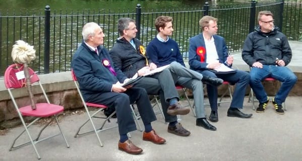 The candidates.at the hustings event with a mock-up of Michael Fabricant. Pic: Lichfield and Burntwood Green Party 