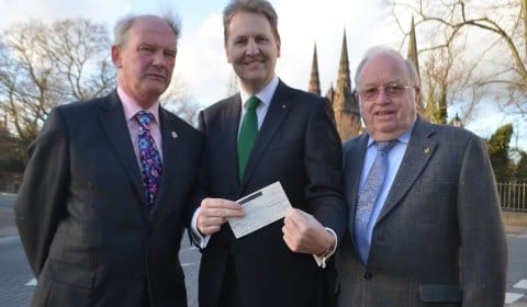Matthew Ellis with Andrew Lock, President of Lichfield Greenhill Bower Committee, and Michael Mullarkey