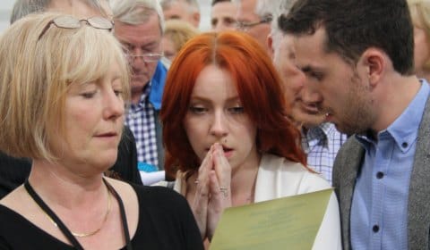 Cllr Olivia Joy Shepherd (centre) feels the nerves at the election count