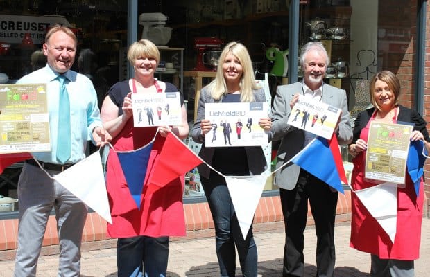 Jon Arrowsmith (Retail Ops Project Manager for Central England Co-operative), Vicky Woolstone (The Kitchen Shop), Michelle Baker (Lichfield’s BID Development Manager), Richard Lewis (President of Lichfield Chamber of Trade and Commerce) and Lizzy Braine (The Kitchen Shop) with the bunting
