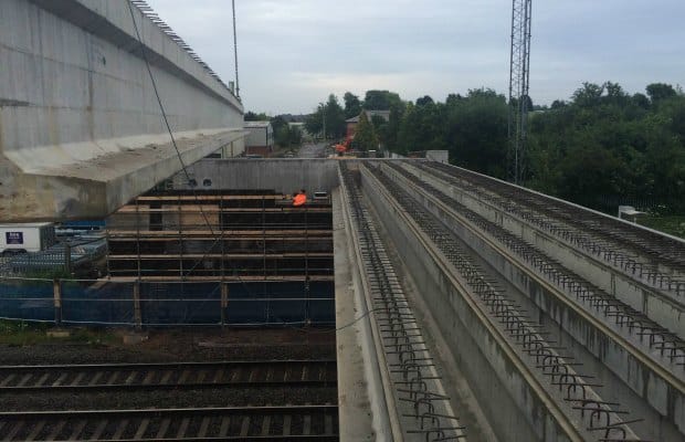 Parts of the new bridge being lifted into place