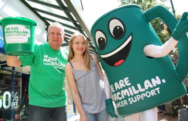 Emma-Kate Rowley of the Three Spires Shopping Centre with fundraiser Ian Draper and Macmillan Cancer Support Mascot Muggy