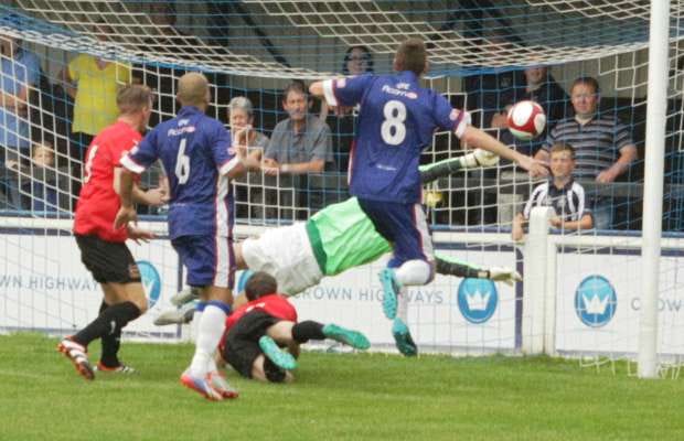 Conor Mitchell saves the rebound after Simon Brown's missed penalty. Pic: Dave Birt