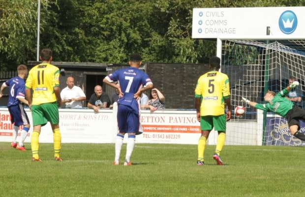 Lee Butler's penalty is saved. Pic: Dave Birt