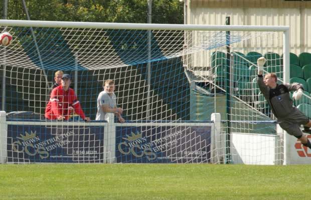 John Bateman can't keep out Karl Hawley's effort. Pic: Dave Birt