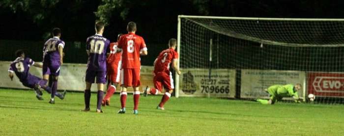 Nabil Shariff makes no mistake from the penalty spot to give Daventry the lead against Chasetown. Pic: Dave Birt